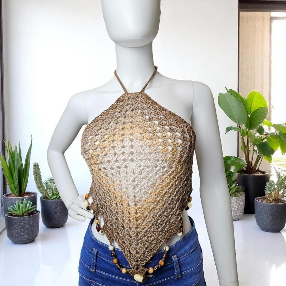 Handmade Crochet Halter Top with Beaded Hem – Earthy Gradient‎ Festival Style